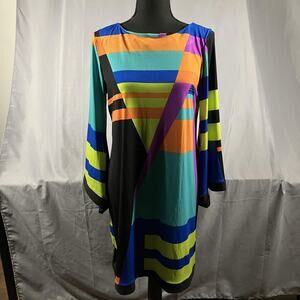 Emma & Michele Dress Womens Medium Multicolor Geometric Bell Sleeve Shift Boho